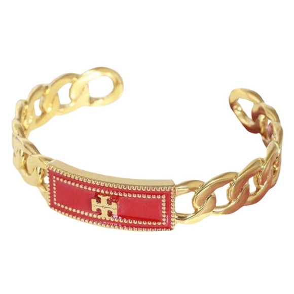 TORY BURCH • Red Milgrain Logo Cuff Bracelet - Picture 1 of 7